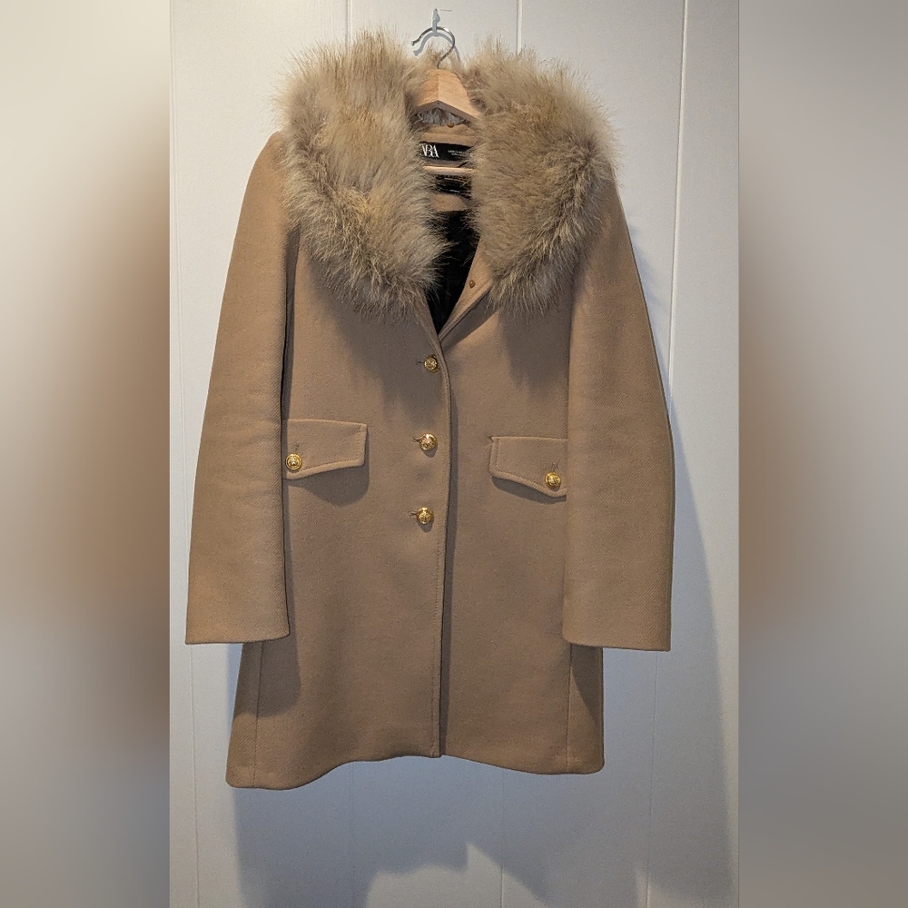 Zara Camel Coat with Faux Fur Trim